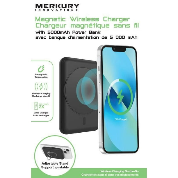 Merkury Magnetic Wireless Charger with 5000mAh Power Bank, Wireless Charger  Power Bank 