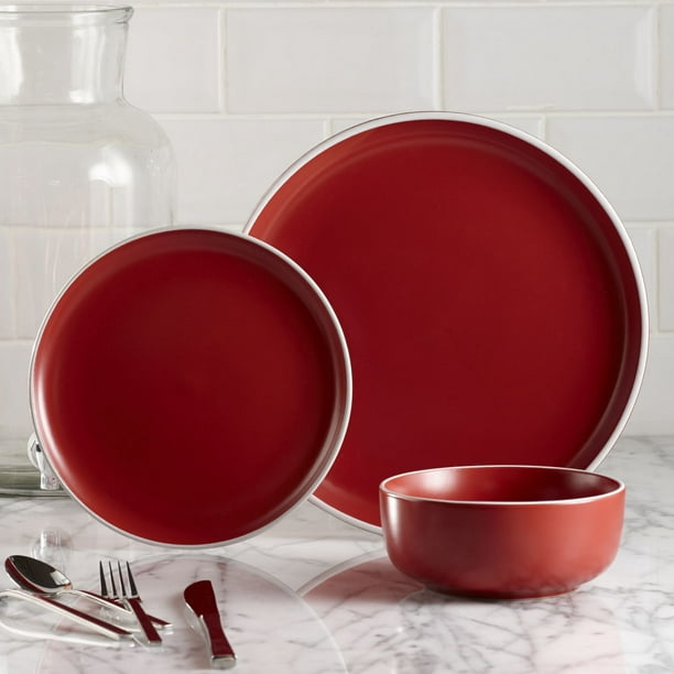 Ensembles de vaisselle Safdie & Co pour 4 | Assiette de dîner, assiette à hors-d'œuvre et ensemble bol à soupe ou à céréales | Résistant aux éclats et aux fissures | Adaptés au lave-vaisselle et au micro-ondes 2 tons rouge