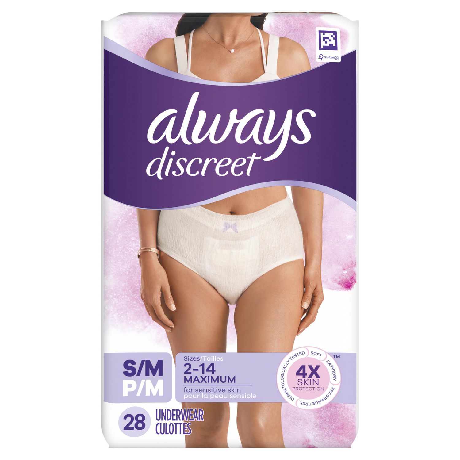 Culottes d'incontinence et post-partum Always Discreet, P/M, maximum plus,  4x plus de douceur, testées sous contrôle dermatologique, sans parfum 28  culottes 