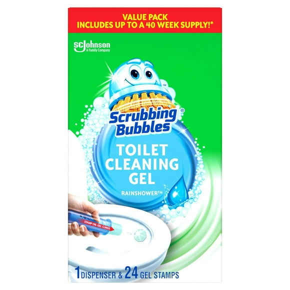 Scrubbing Bubbles® Toilet Bowl Cleaner, Fresh Gel Stamp, Rainshower Scent, Dispenser with 24 Gel Stamps, 24 Toilet Gel Stamps