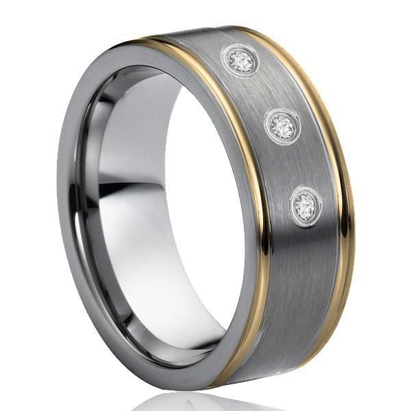 Bague pour homme en tungstène 8 mm avec pierres et bords dorés