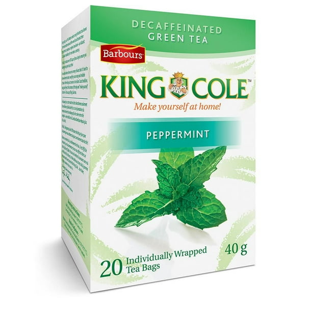 Thé King Cole Décaf The Vert Menthe Poivrée 20s Chaque boîte contient 20 sachets de thé pour une tasse.
