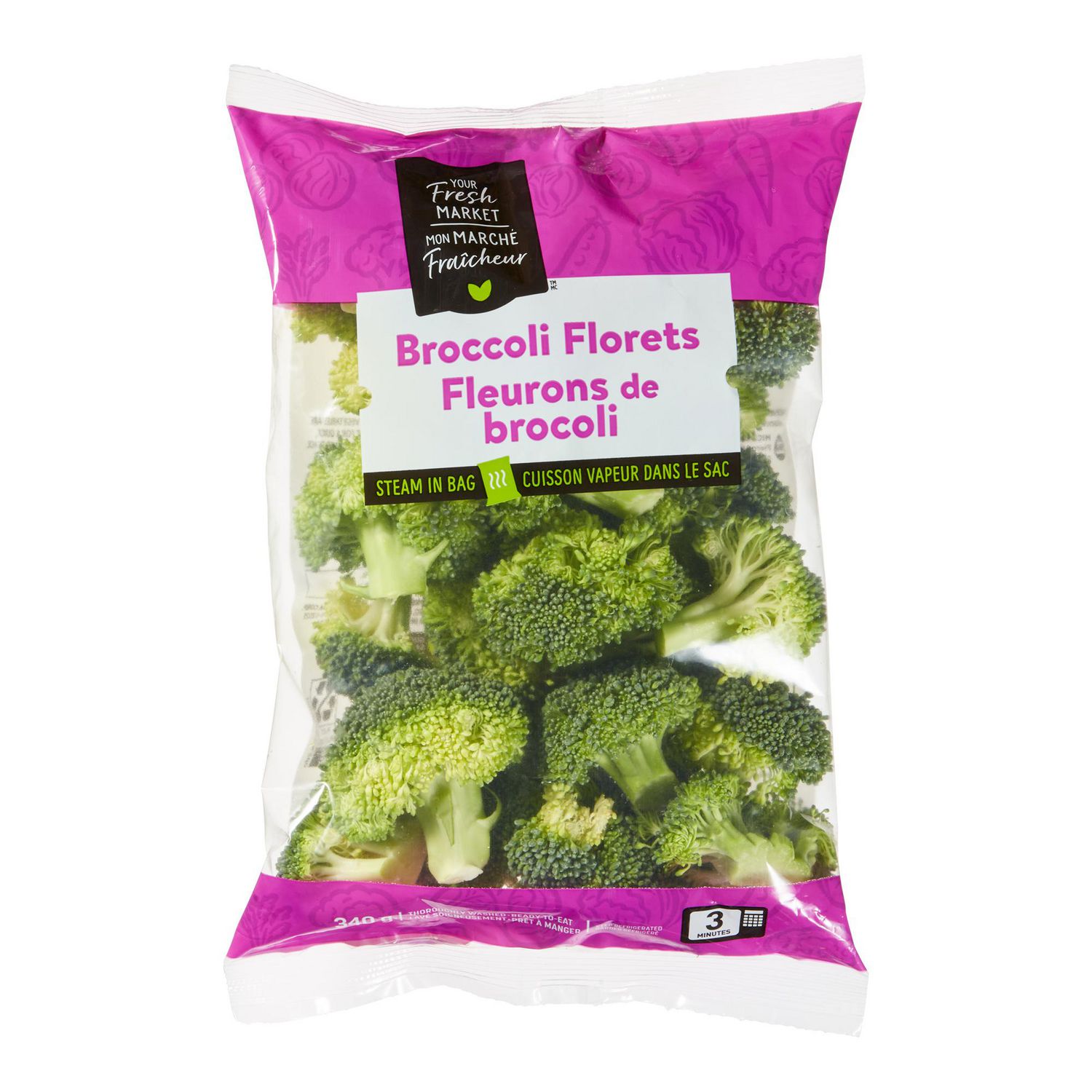 Mon marché fraîcheur Brocoli Florets, 340 g - Florets Lavés et Prêts à Manger dans un Sac de Vente au Détail. Couronnes Vertes Format Bouchées avec surfaces Texturées; Étiqueté Mon marché fraîcheur et Marqué « Emballé au Canada » et « Garder au Réfrigérateur ». Compatible Micro-Ondes et Convient aux Plateaux de crudité, Sautés Ou Bols de Préparation de Repas Rapides.