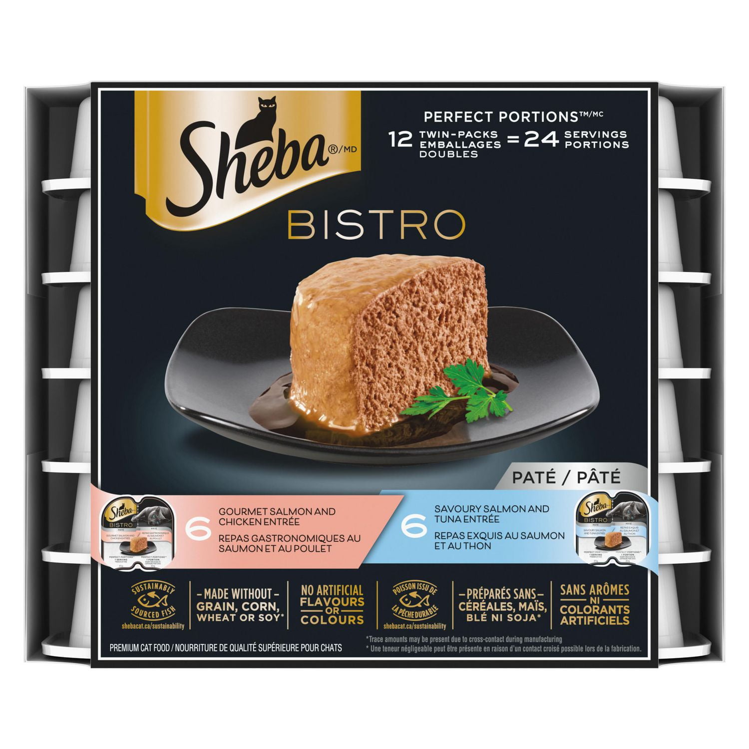 Sheba Bistro Perfect Portions Salmon & Chicken and Savoury Salmon & Tuna  Adult Wet Cat Food Paté Variety Pack, 12x75g 