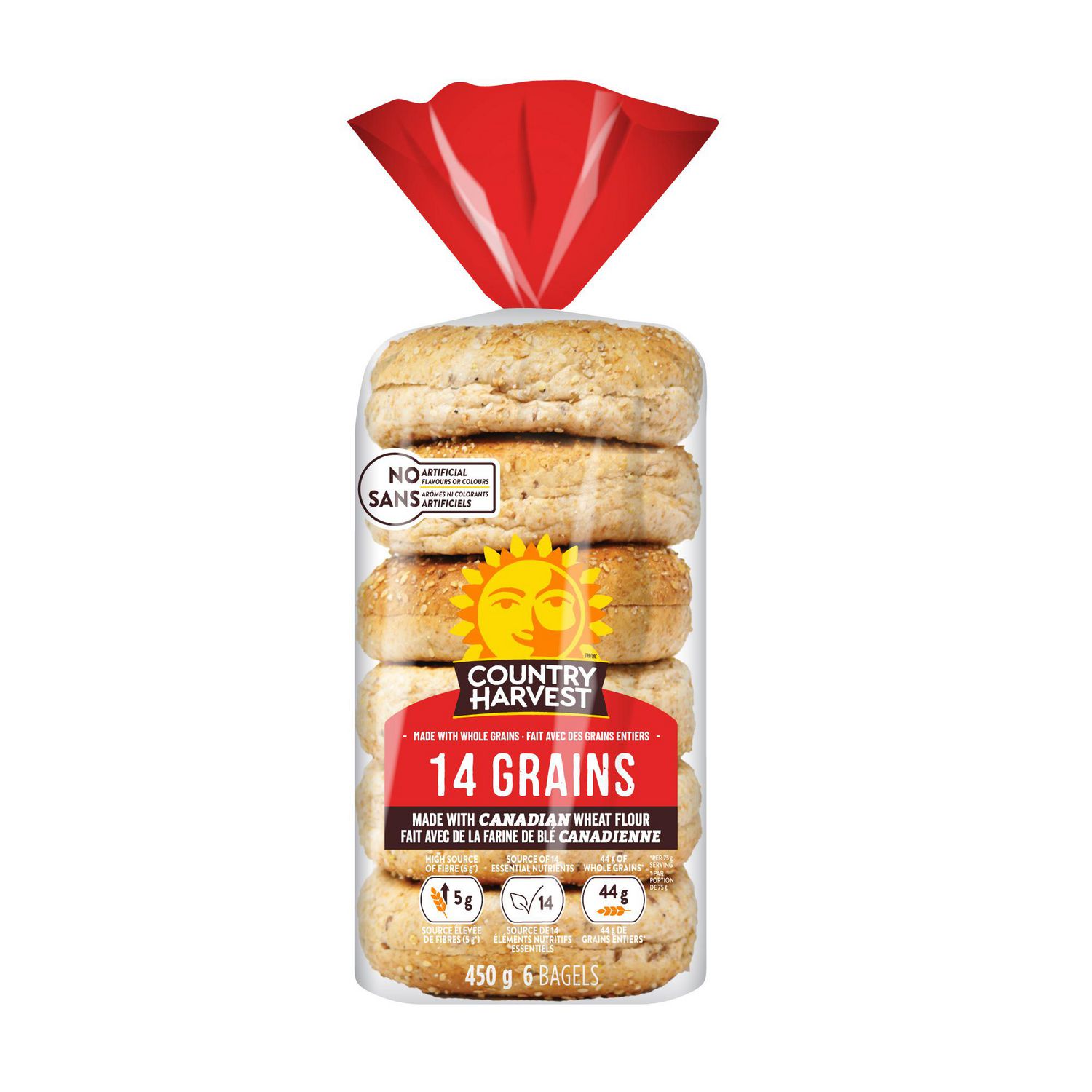 Country Harvest ® 14 Grain Bagels, Made with Canadian Wheat Flour, Made with Whole Grains, High Source of Fibre and 15 Essential Nutrients, No Artificial Flavours or Colours, 6 Count, 450g