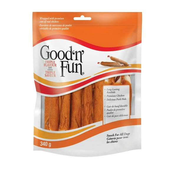 Good 'n' Fun Triple Flavour Ribs Dog Chews with Rawhide, Pork Hide and Chicken, 340g, 3 treats in 1!
