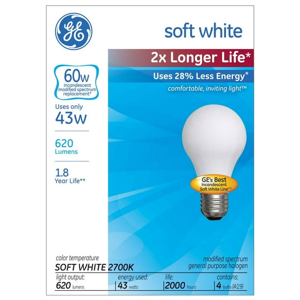 Lampe éconergétique blanc doux A19 GE 43 W – paquet de 4