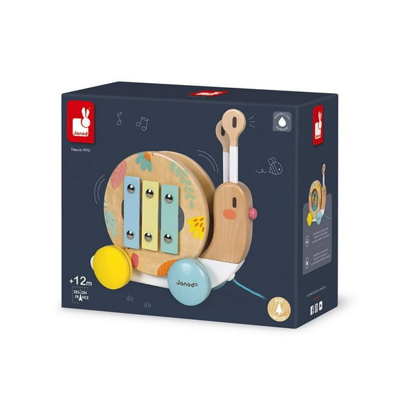 Sammy the Snail Pull Along Toy - 3-in-1 Musical Wooden Snail for Toddlers, Xylophone, Tambourine, and Pull Toy 18 months +