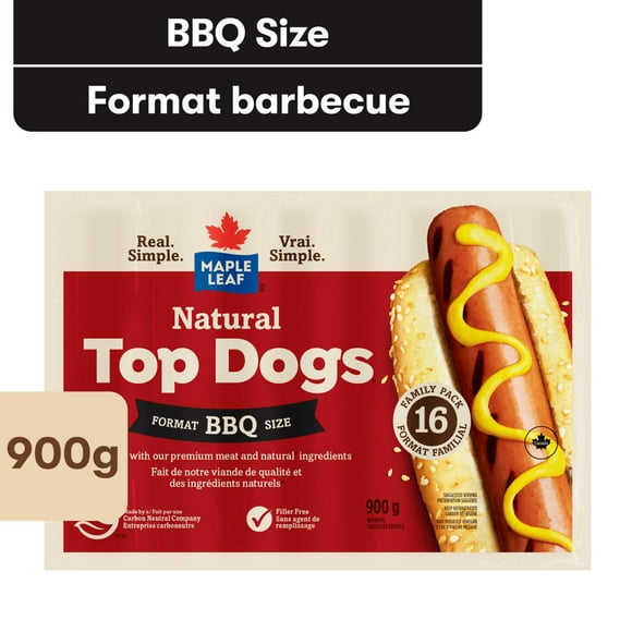 Maple Leaf Natural Top Dogs BBQ Hot Dogs Family Pack, 900g