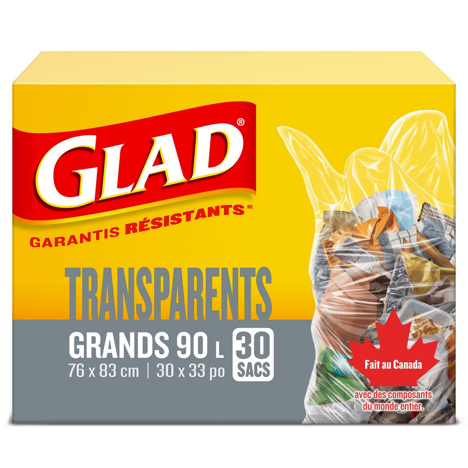 Glad Clear Garbage Bags - Large 90 Litres - 30 Trash Bags, Guaranteed  Strong 