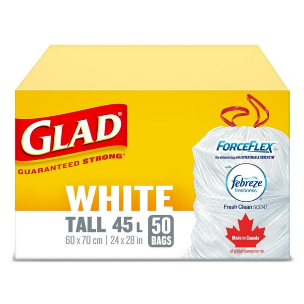 Glad White Garbage Bags - Tall 45 Litres - ForceFlex, Drawstring, with Febreze Fresh Clean Scent, 50 Trash Bags, Guaranteed Strong
