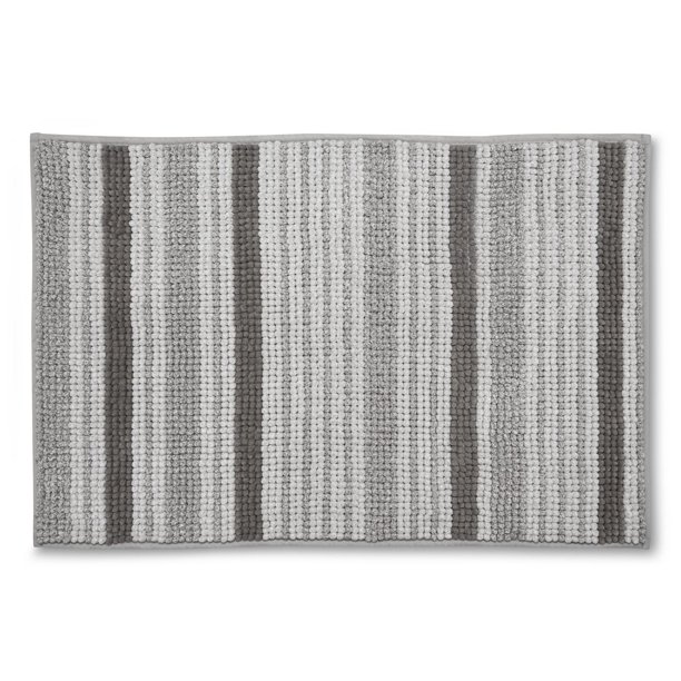 Mainstays Noodle Chenille Grey Stripe Bath Mat, 20"x30", Nonslip