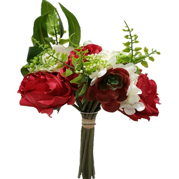 Bouquet de roses et d'horsensias, blanc et rouge 13" Bouques roses et d'hortensias