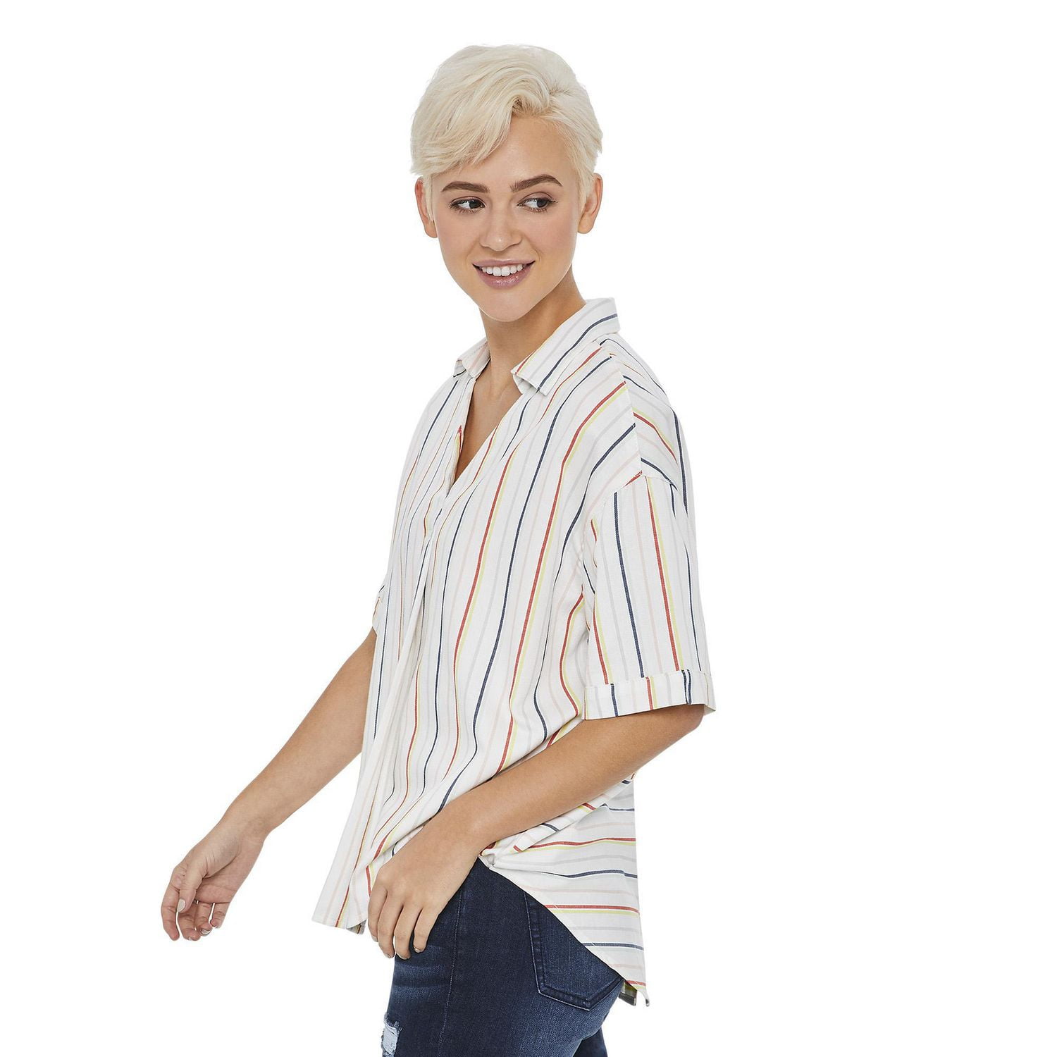 LOVE Ellen DeGeneres Striped Popover Short Sleeve Shirt
