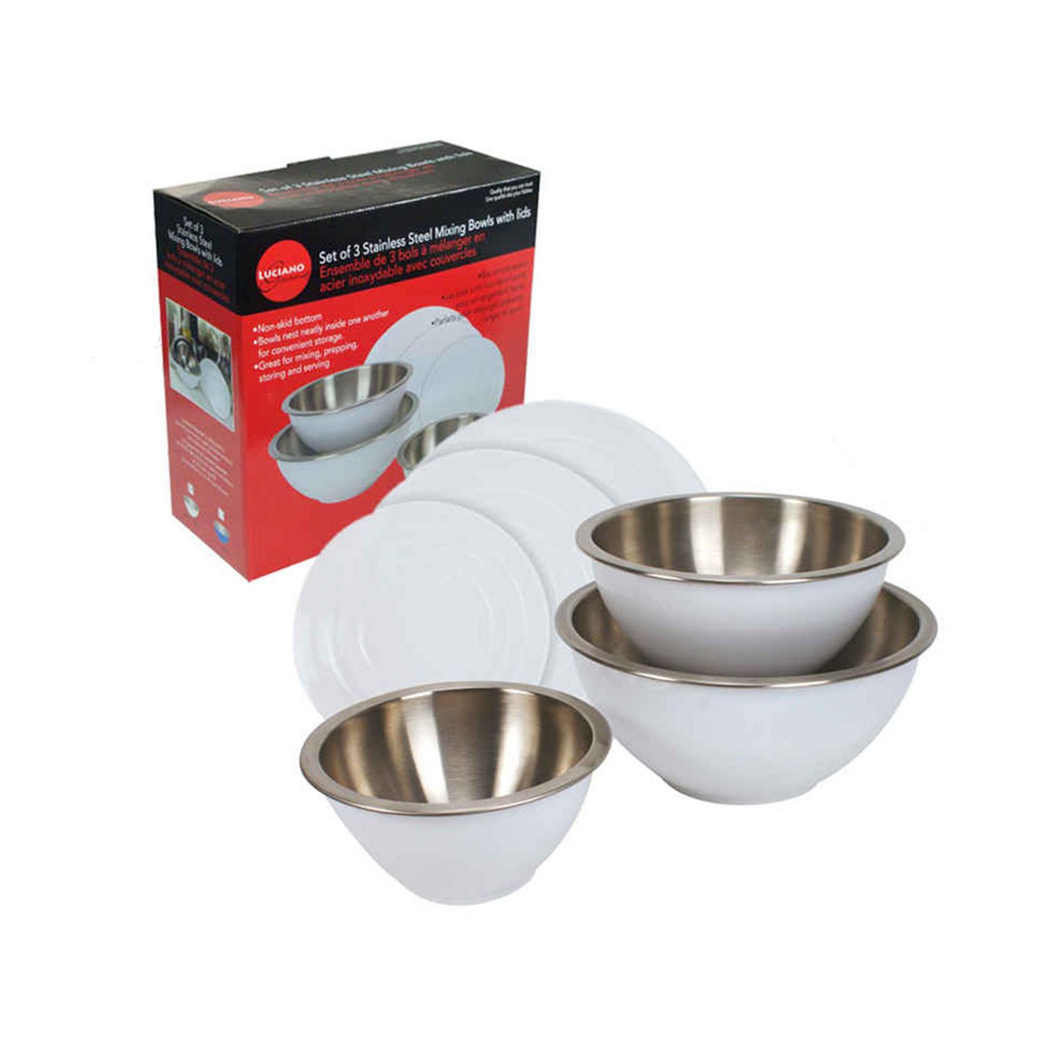 Luciano Housewares 3-Piece Stainless Steel Mixing Bowl Set with Lids 3-piece Stainless Steel Mixing Bowl Set With Lids