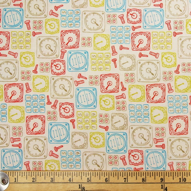 Tissu au mètre en coton Fabric Creations à imprimé de cadrans et parties