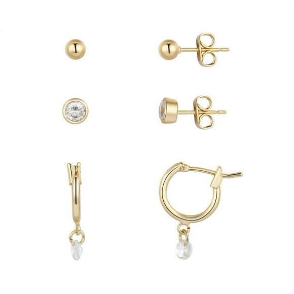 Luxury Designs Gold Plated set of 3 earrings, Ball stud, Cubic Zirconia stud and Huggies