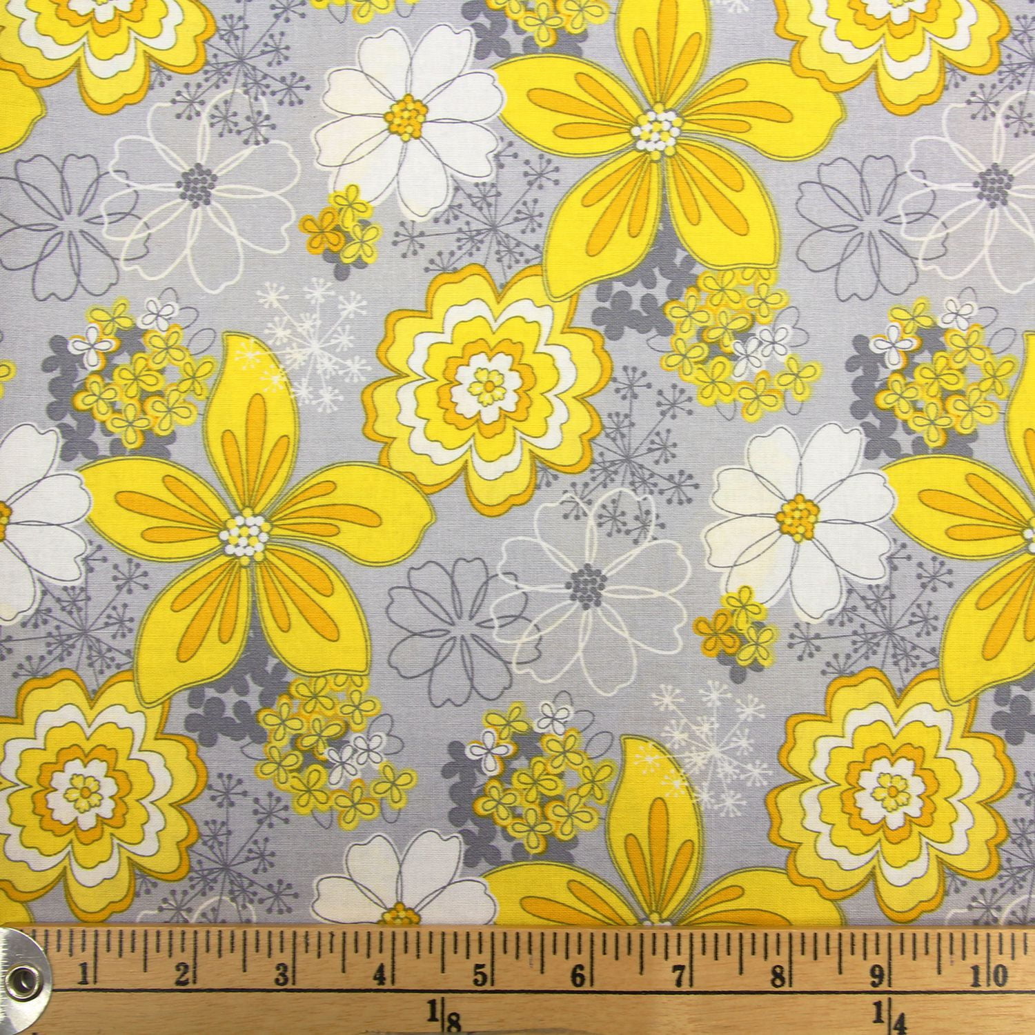 Fabric by The Metre Fabric Creations Yellow Flowers on Grey Cotton ...