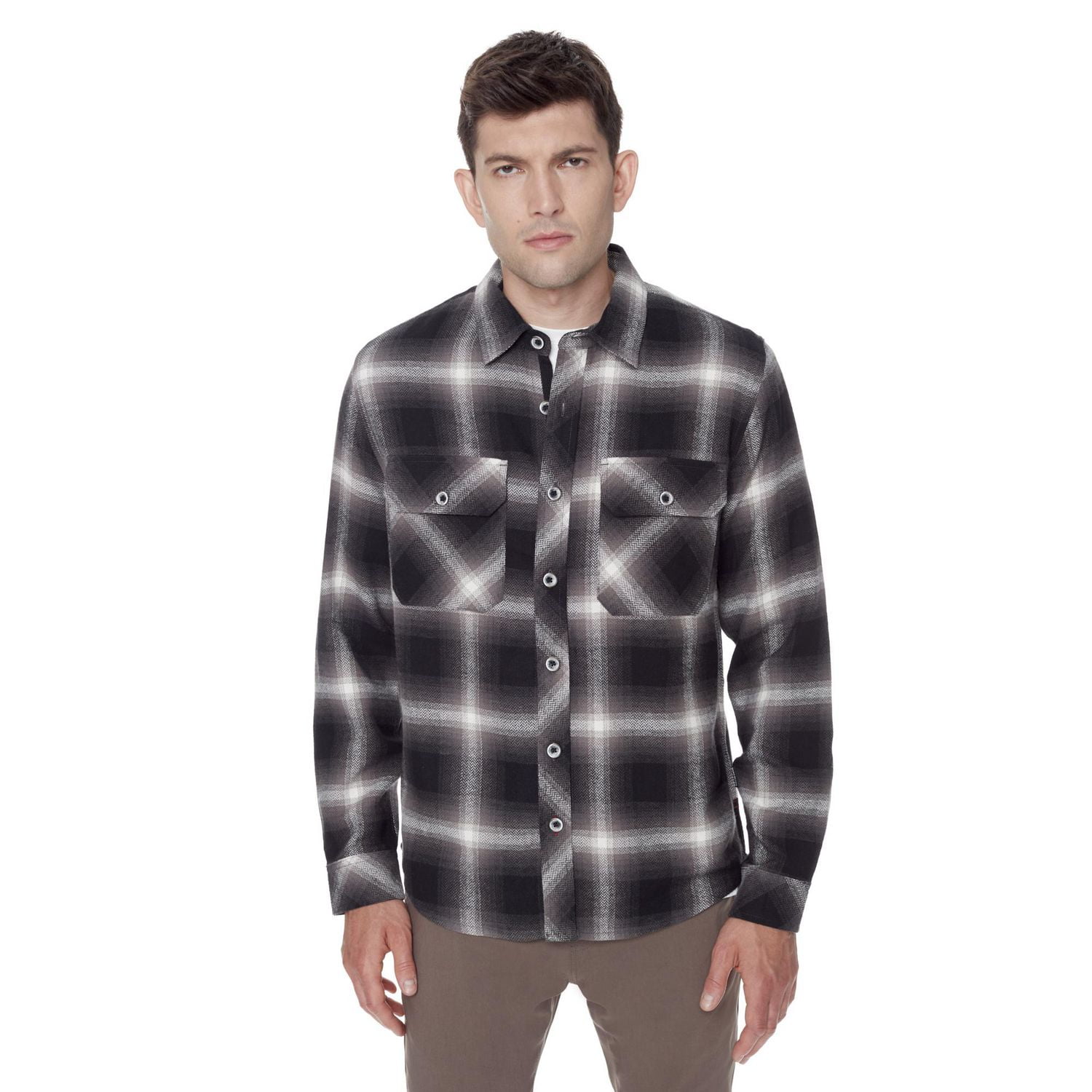 Dark Black Men's Long-Sleeve Plaid Button-Down Shirt with Pockets
