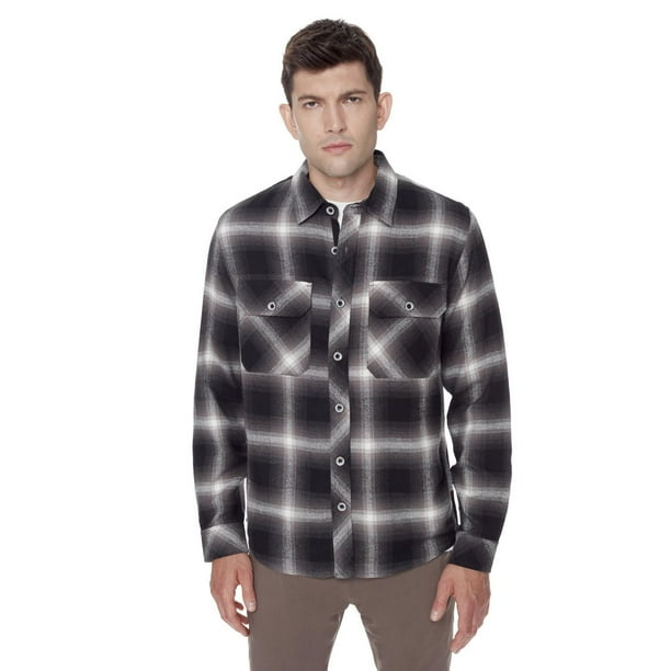 Dark Black Men's Long-Sleeve Plaid Button-Down Shirt with Pockets ...