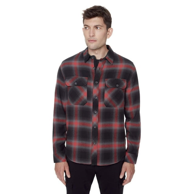 Dark Black Men's Long-Sleeve Plaid Button-Down Shirt with Pockets