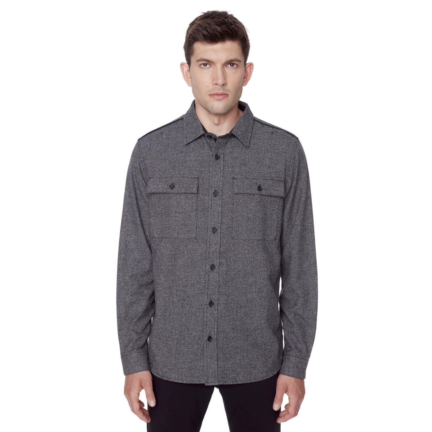 Dark Black Men's Long-Sleeve Button-Down Shirt with Pockets