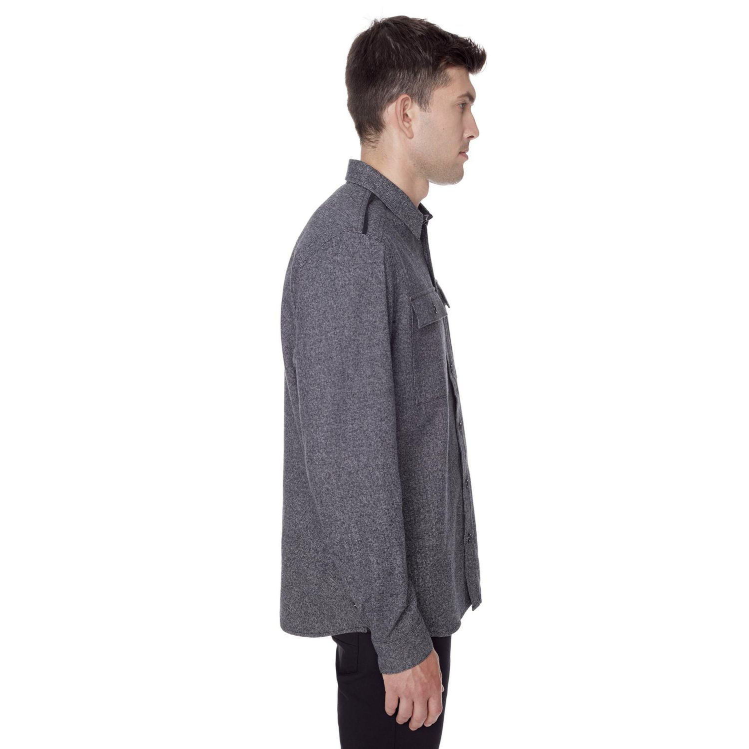 Dark Black Men's Long-Sleeve Button-Down Shirt with Pockets