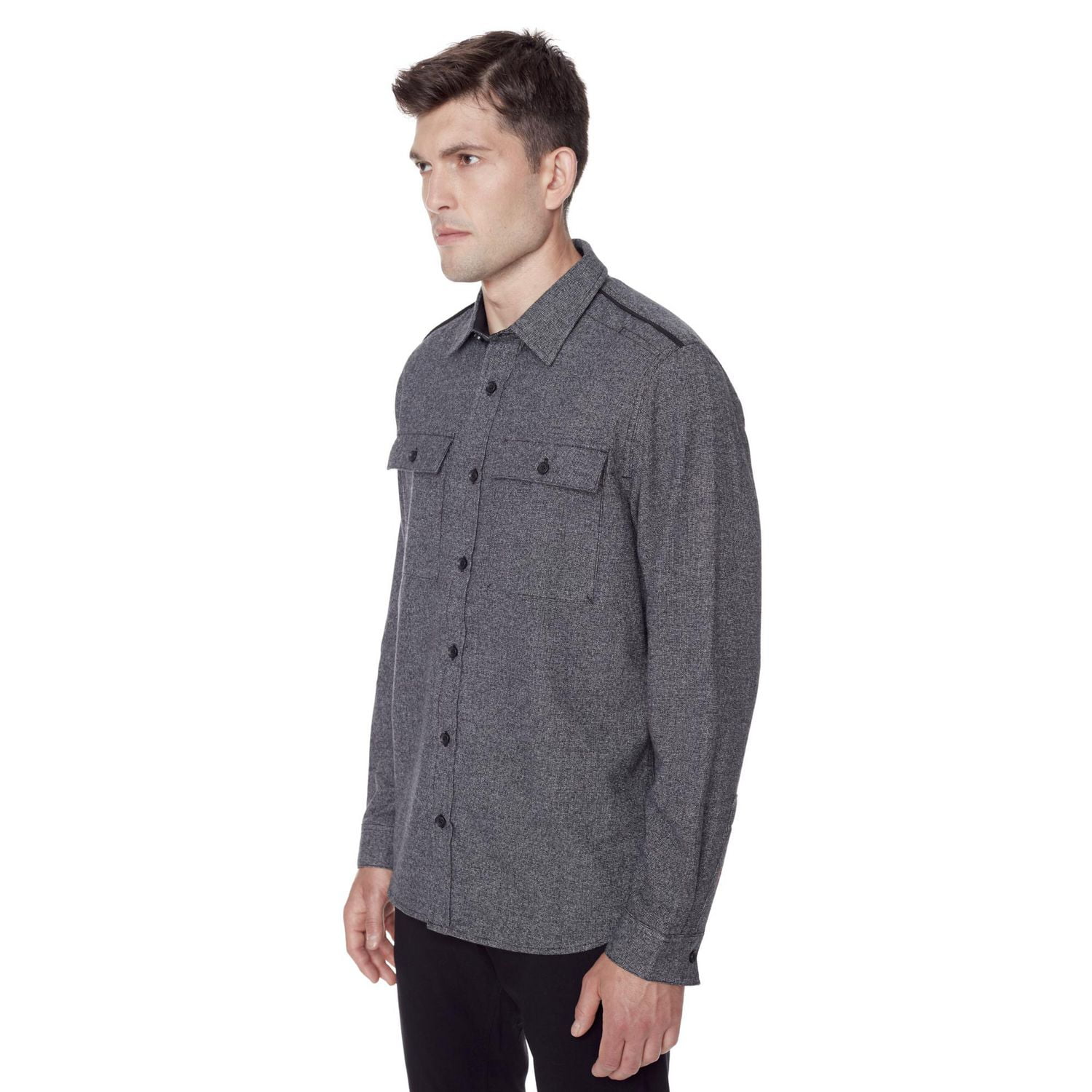 Dark Black Men's Long-Sleeve Button-Down Shirt with Pockets