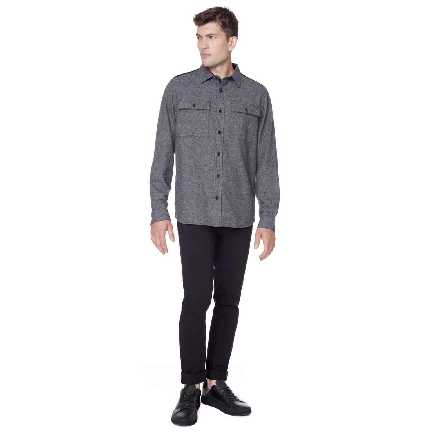 Dark Black Men's Long-Sleeve Button-Down Shirt with Pockets