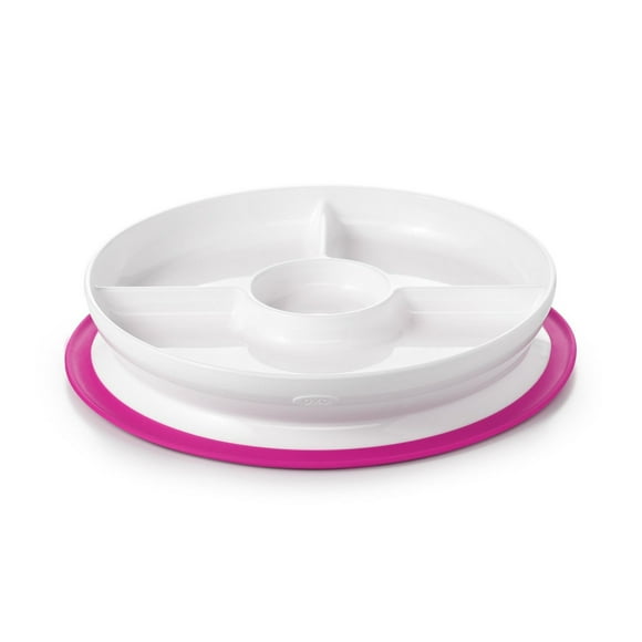 OXO Tot - Assiette Compartimentée à Ventouse Stick & Stay - Base en Silicone Qui Adhère aux Surfaces - Lave-Vaisselle - Alimentation Bébé dès 6 Mois - Rose - 61121300