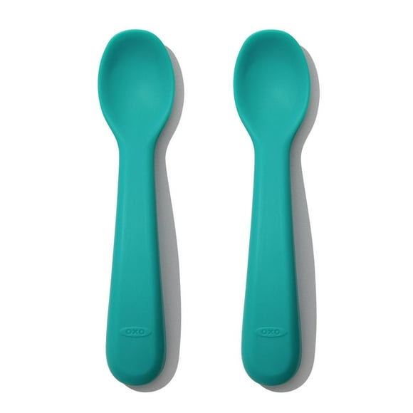 OXO Tot - Cuillères en silicone - Encourage l'auto-alimentation - Faciles pour les tout-petits à tenir - Ustensiles d'alimentation pour bébés et tout-petits - Bleu sarcelle - Lot de 2