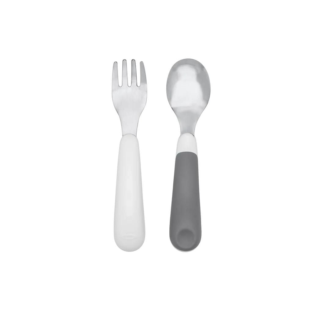OXO Tot - On The Go Fork & Spoon Set - Baby Feeding Stainless Steel with Travel Case Sized for Little Mouths from 12 Months and Up - Gray