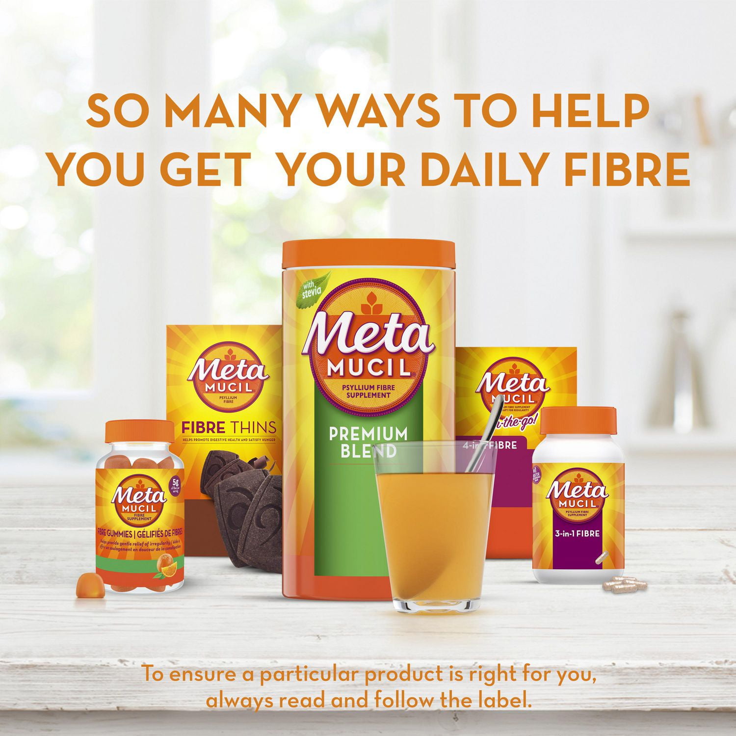 Supplément de poudre de fibres de psyllium mélange premium Metamucil, sans sucre avec stévia, arôme naturel d’orange 72 portions (414 g)