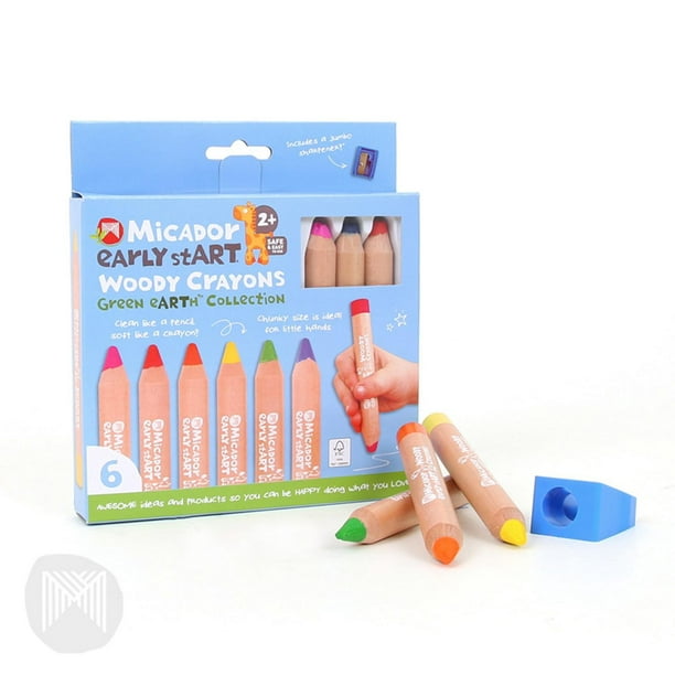 Micador - early stART - Crayons boisés, FSC 100%, enfants, sans danger pour  les tout-petits, non toxiques, 6 gros crayons, taille-crayon Jumbo 