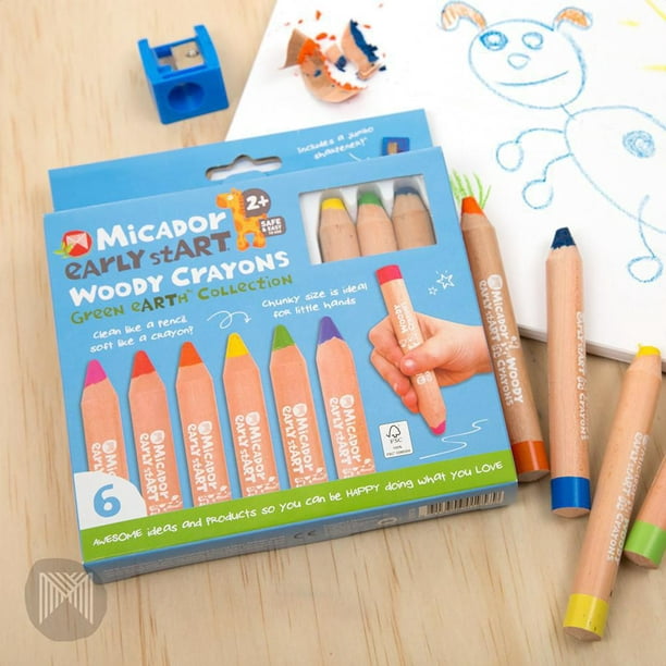 Micador - early stART - Crayons boisés, FSC 100%, enfants, sans danger pour  les tout-petits, non toxiques, 6 gros crayons, taille-crayon Jumbo 
