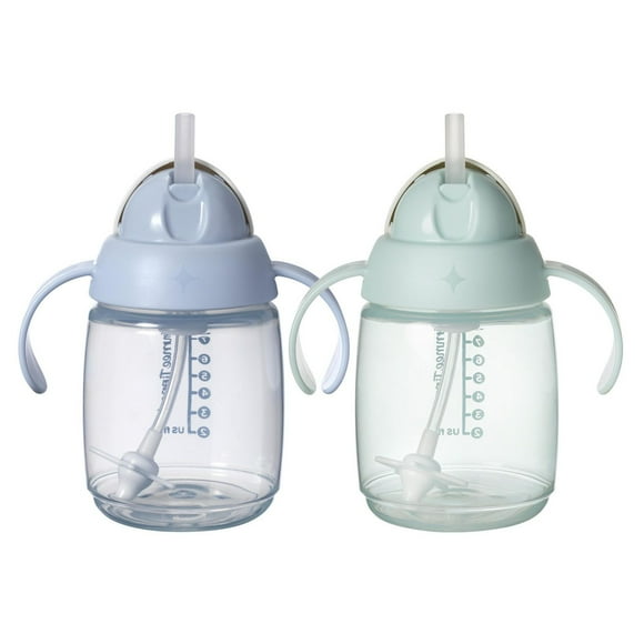 Tommee Tippee Starter Straw Cup, 8oz, gobelet pour enfant de 6 mois et plus, avec paille lestée en silicone et poignées faciles à tenir, bleu et vert, 2 pièces