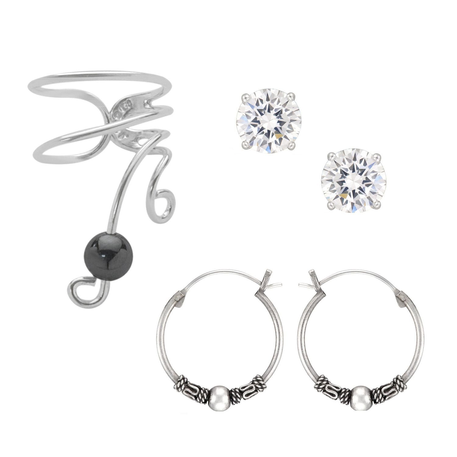 Quintessential Sterling Silver Shortw / Hematite Gem Ball Right+ 4 Mm Cz + Bali Hoop
