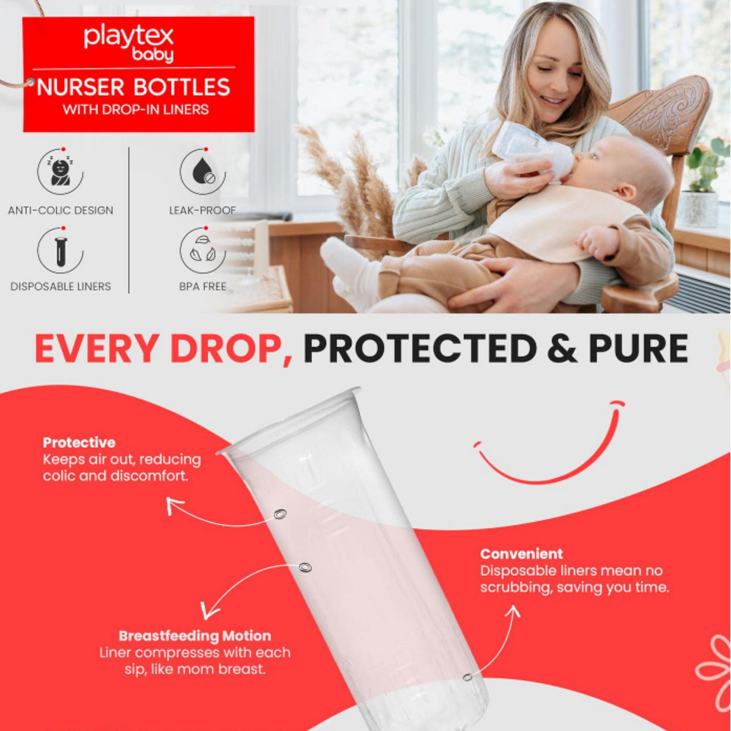 Playtex Baby® Nurser Pre-Sterilized Disposable Drop-Ins Bottle Liners, Closer to Breastfeeding, 4oz, 100 Count