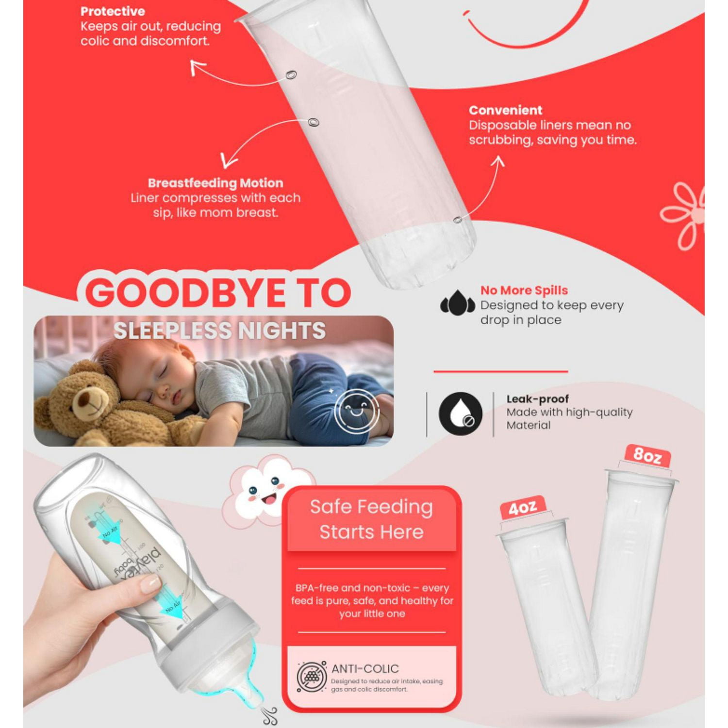 Playtex Baby® Nurser Pre-Sterilized Disposable Drop-Ins Bottle Liners, Closer to Breastfeeding, 4oz, 100 Count