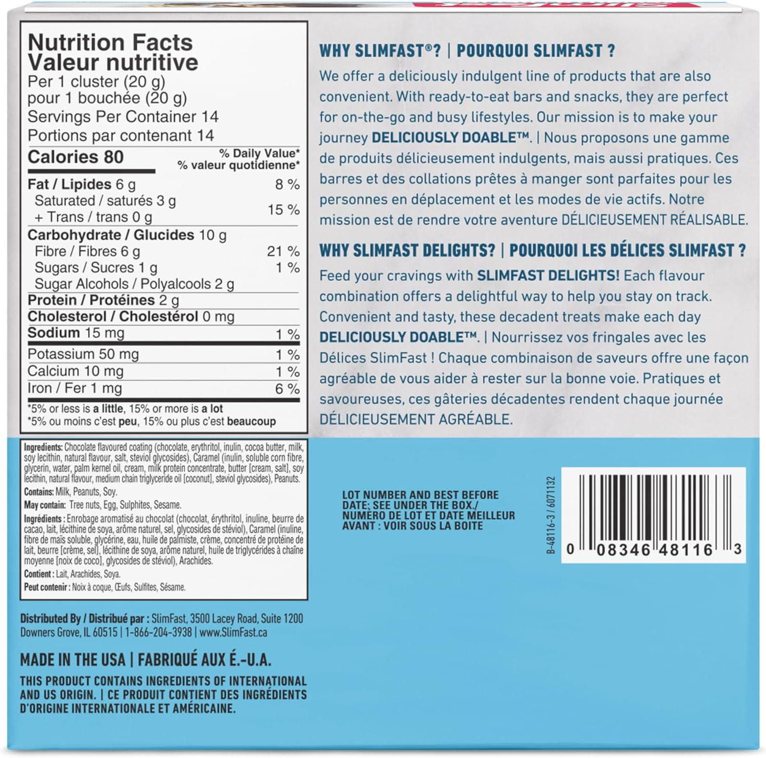 Slimfast Keto Bomb Snacks, 14x20g chocolat Caramel Nut Clusters par boîte, 280 grammes