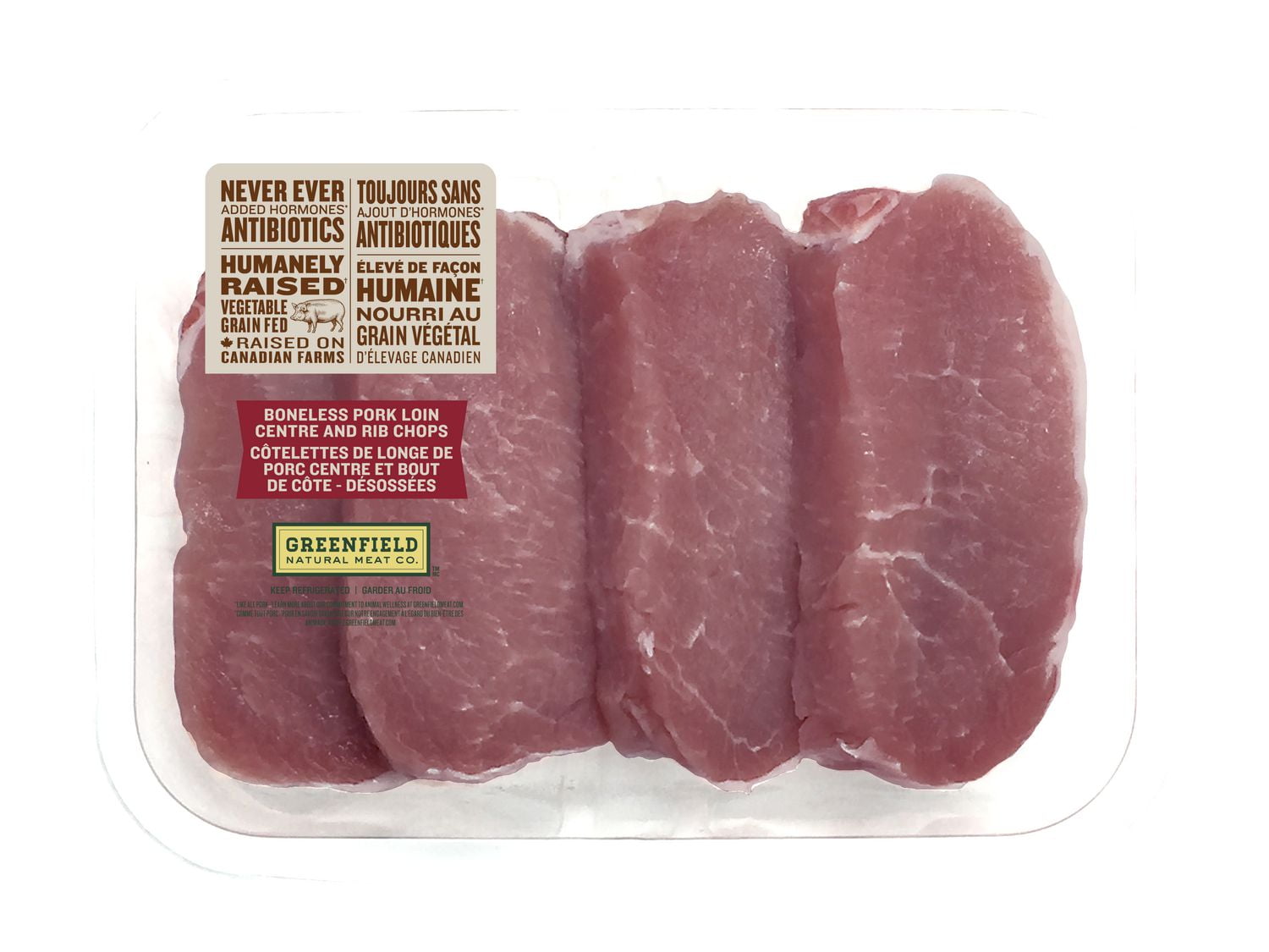 Cotelettes de longe de porc désossées Greenfield éleve sans antibiotiques, 4 côtelettes, 0.30 - 0.60 KG