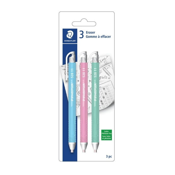 Staedtler Retractable Stick Erasers, 3-piece retractable erasers in assorted colours