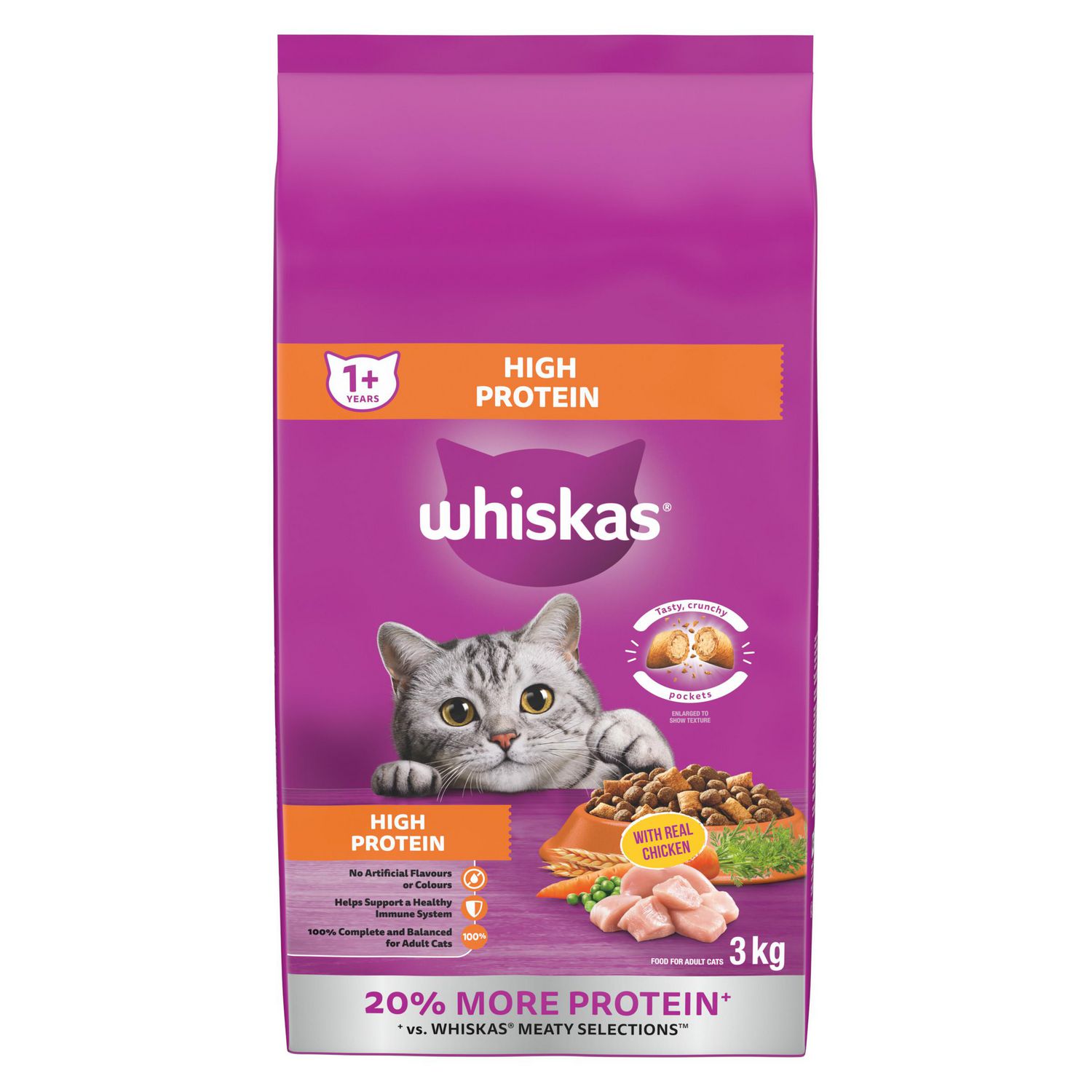 WHISKAS Dry Cat Food High Protein With Real Chicken, 3 kg, Bag