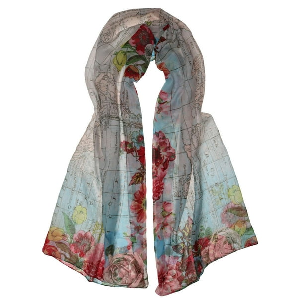 V. Fraas Ladies Floral Map Print Scarf - Pale Blue 