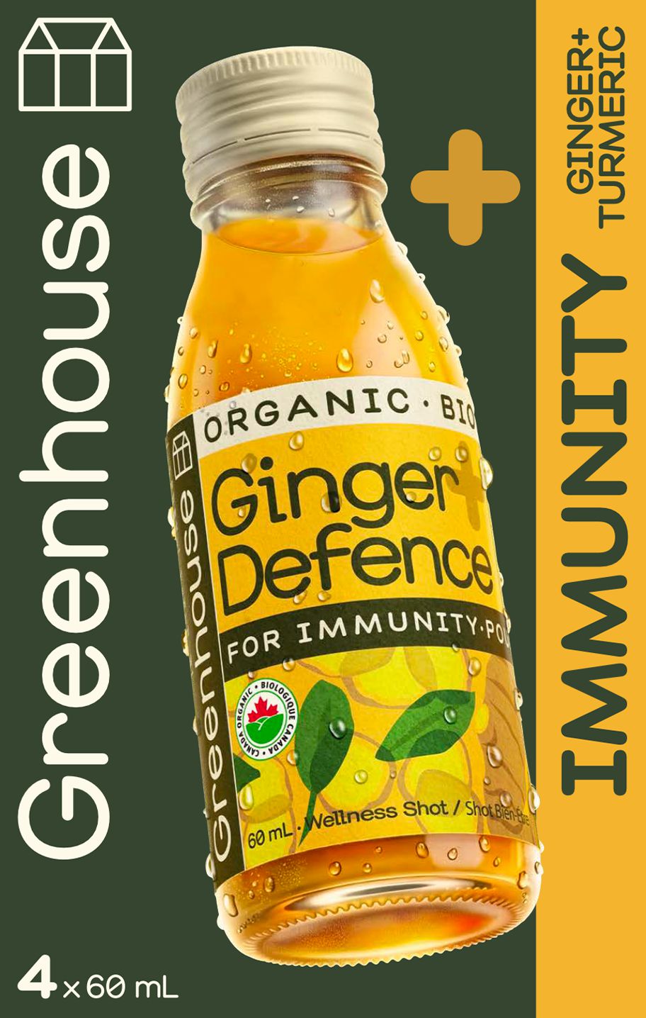 Greenhouse Ginger Defence Organic Ginger Shots with Turmeric, 4 x 60 mL