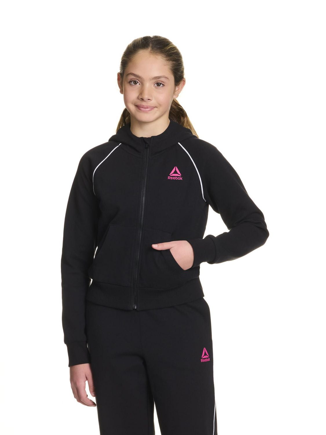 Reebok Girls "Starter" Zip-Up Cropped Hoodie with Piping and Pockets