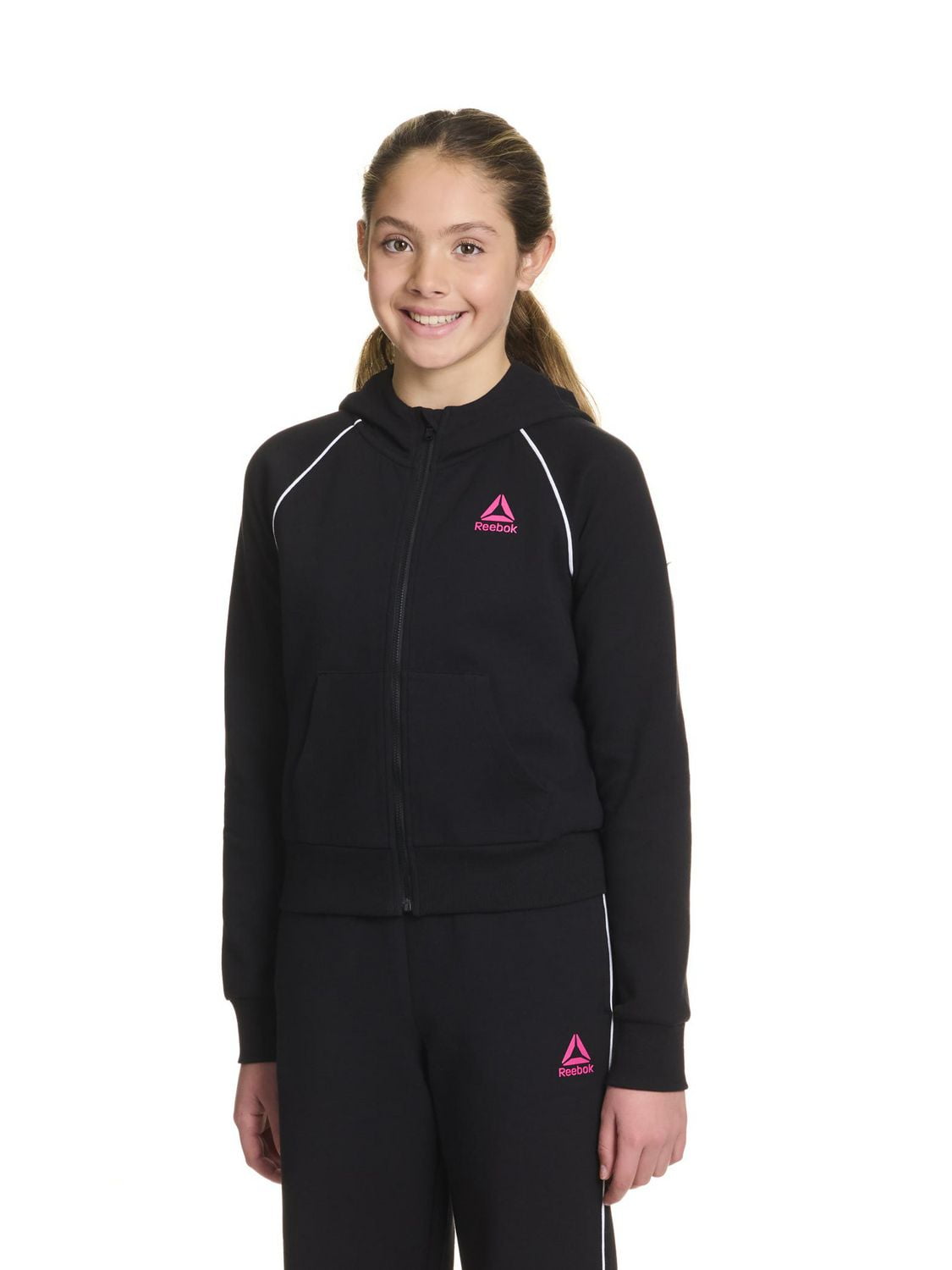 Reebok Girls "Starter" Zip-Up Cropped Hoodie with Piping and Pockets