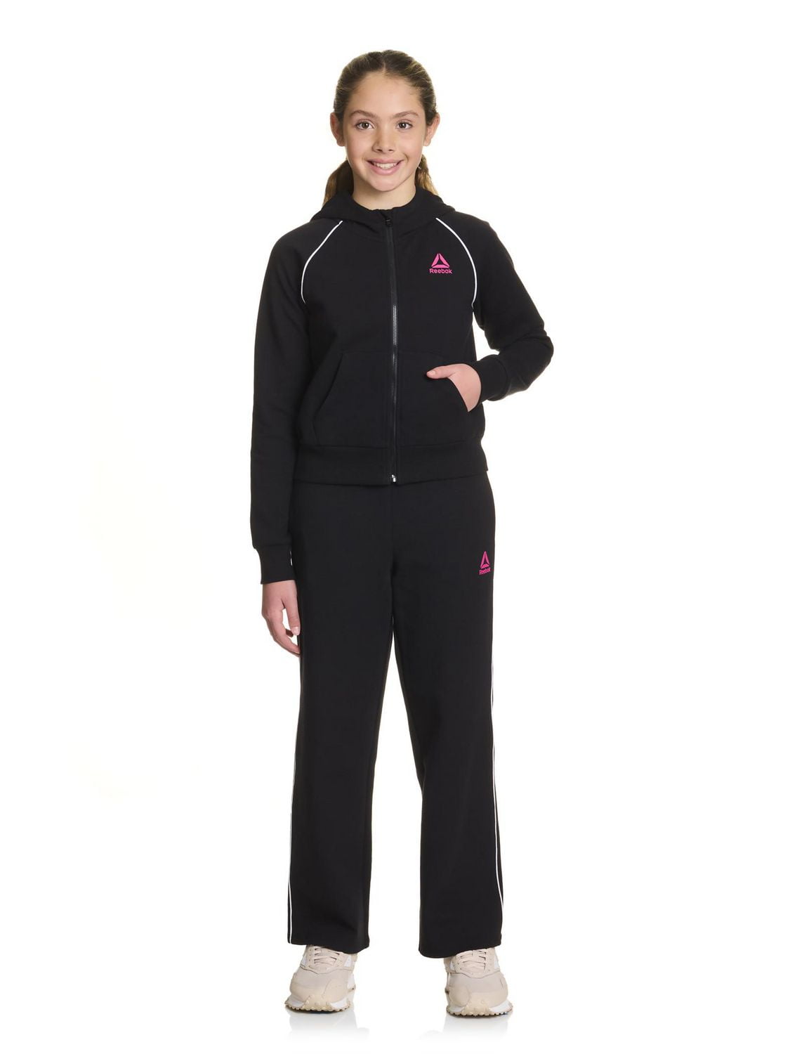 Reebok Girls "Starter" Zip-Up Cropped Hoodie with Piping and Pockets