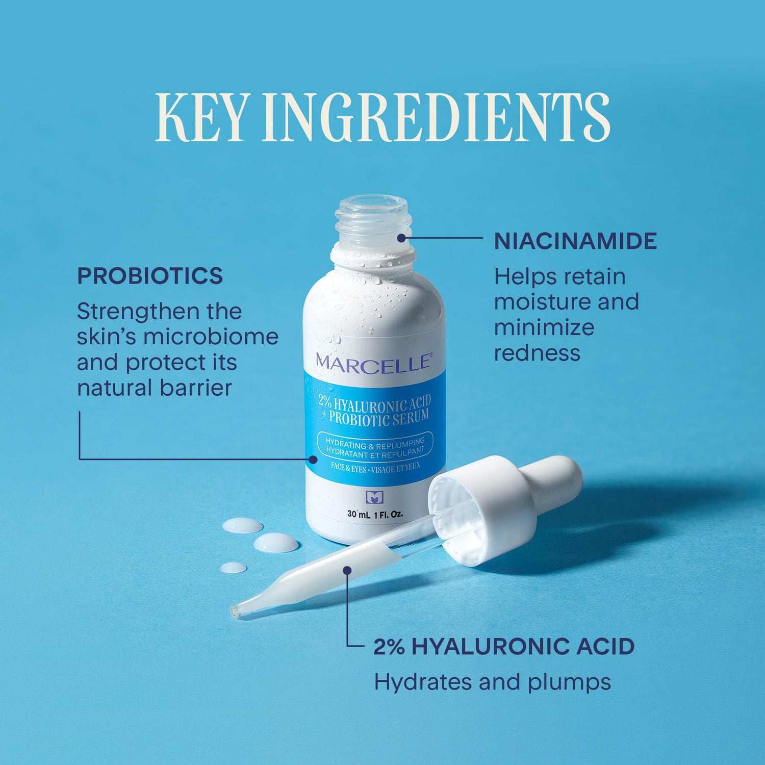 Marcelle 2% Hyaluronic Acid + Probiotic Serum, Hydrating & repulping, 30 mL
