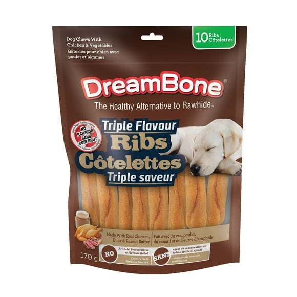 "DreamBone Côtes Levées Triple Saveur Poulet, Beurre de Cacahuète et Canard (Sans Artificiel) 10ct, 8oz, 170g"